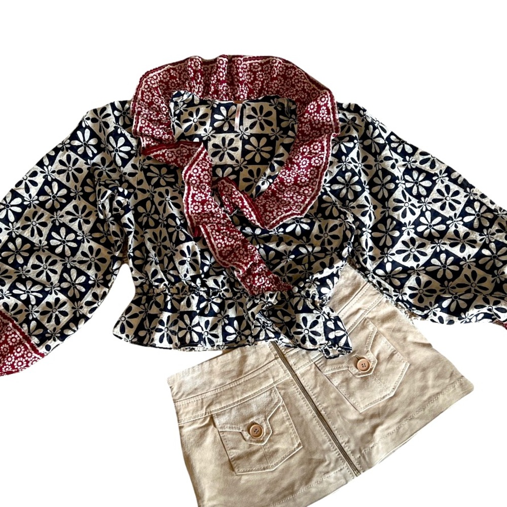 Free People Black and Red Floral Ruffle Trim Linen Cotton Blouse